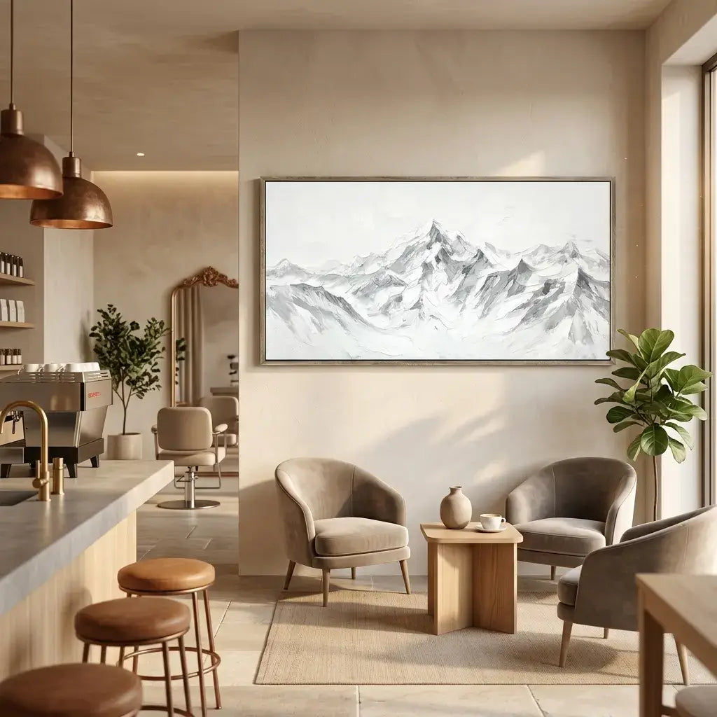 Modern living room with mountain landscape artwork on the wall