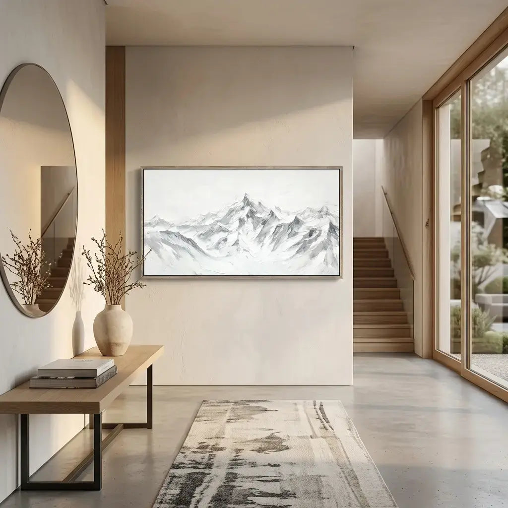 Modern interior with a mountain landscape painting on the wall, a bench, and a large mirror.