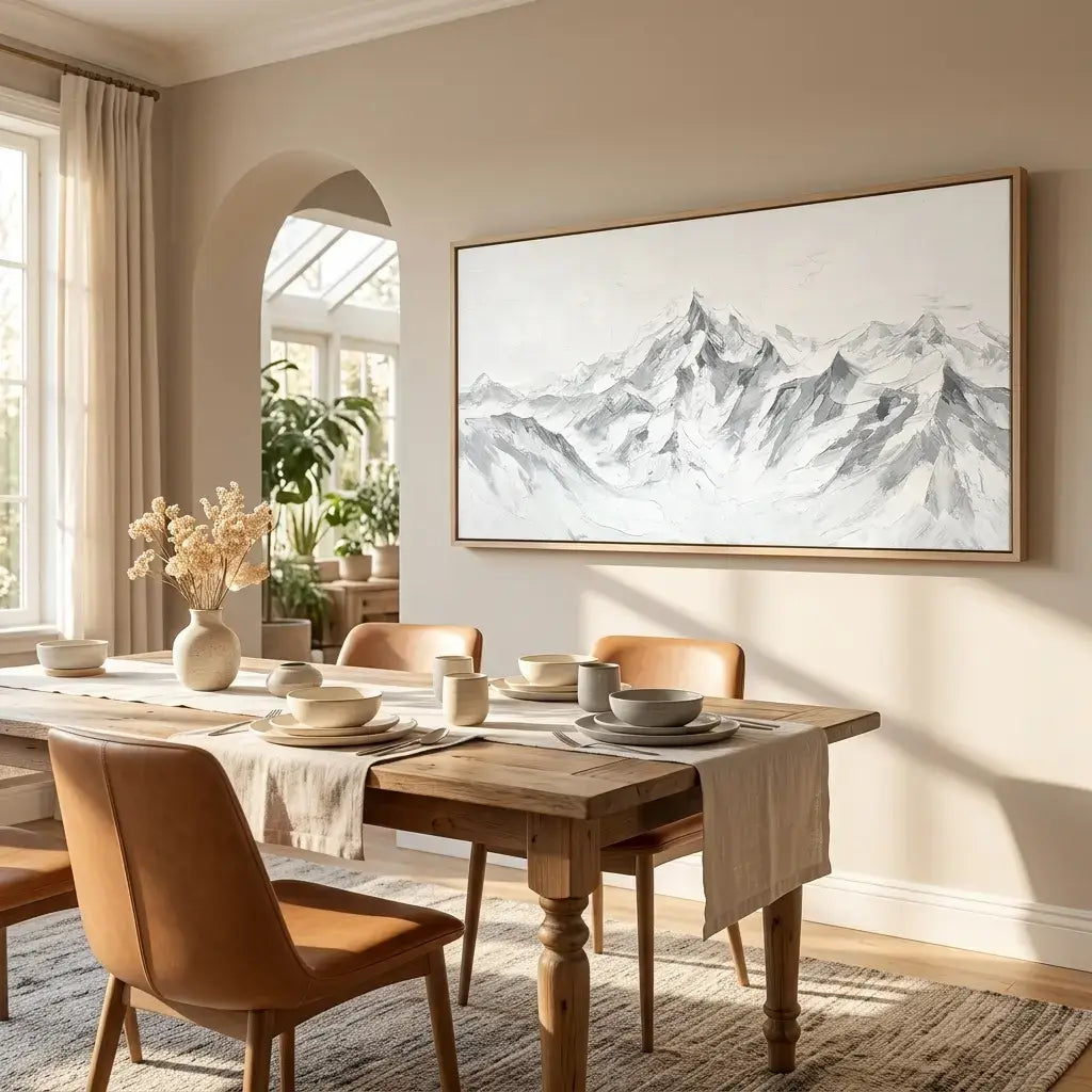 Dining room with wooden table and chairs, mountain painting on wall