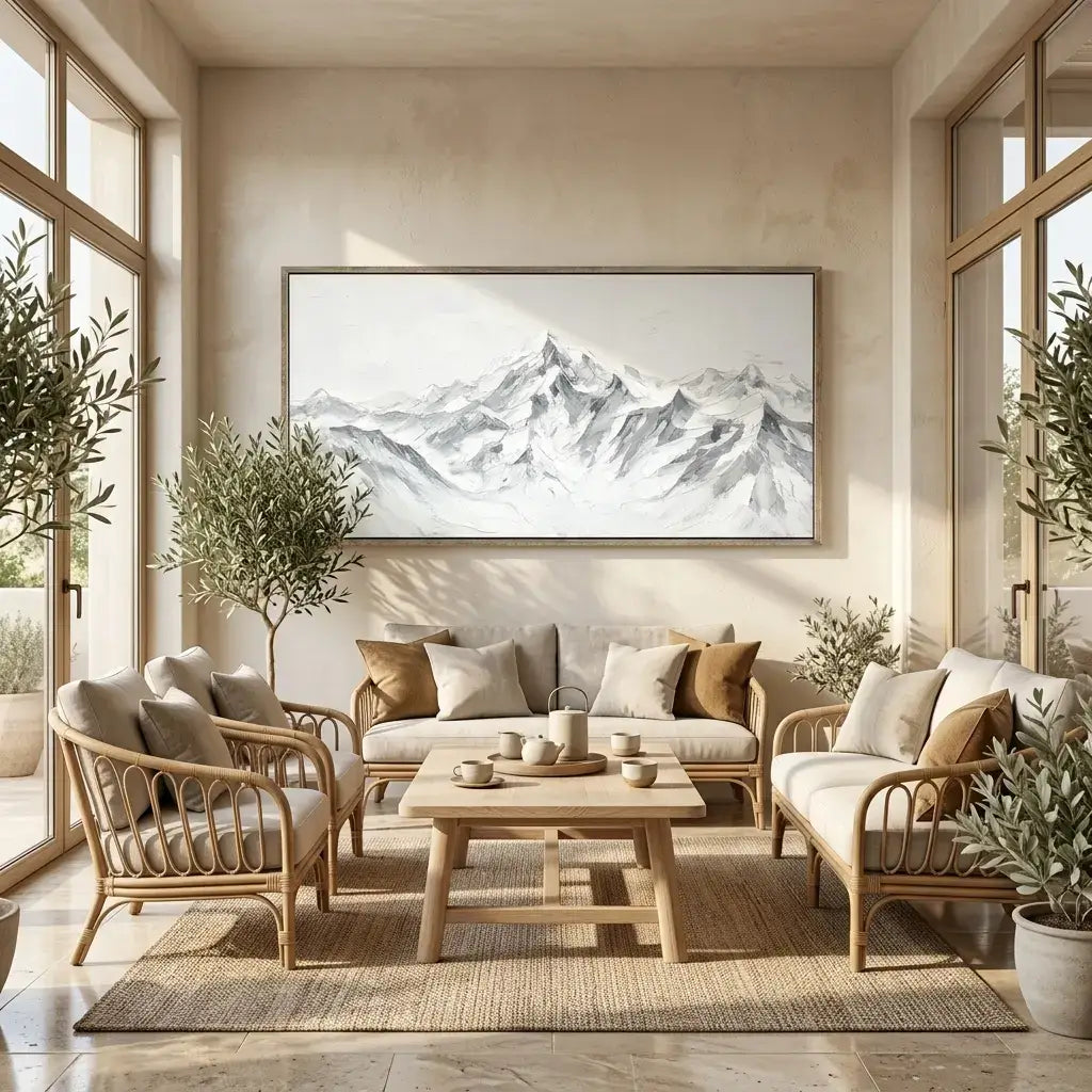 Modern living room with neutral tones, furniture, and a mountain painting.