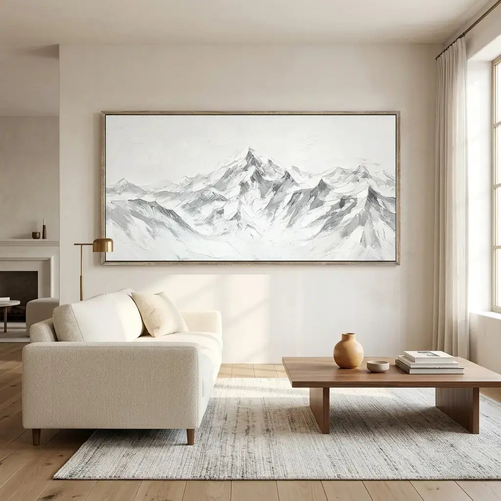Modern living room with a large mountain painting on the wall, white sofa, and wooden coffee table.