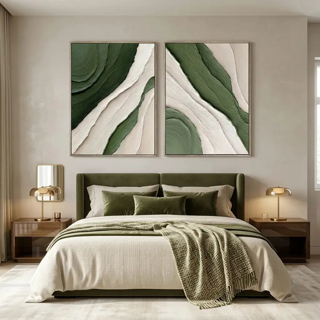 Modern bedroom with abstract green and beige wall art above a bed.