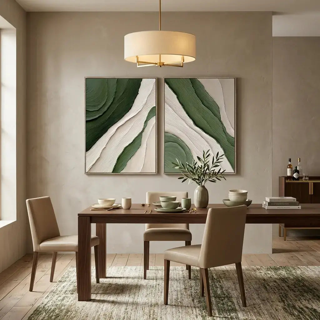 Dining room with a wooden table, chairs, and abstract green wall art.