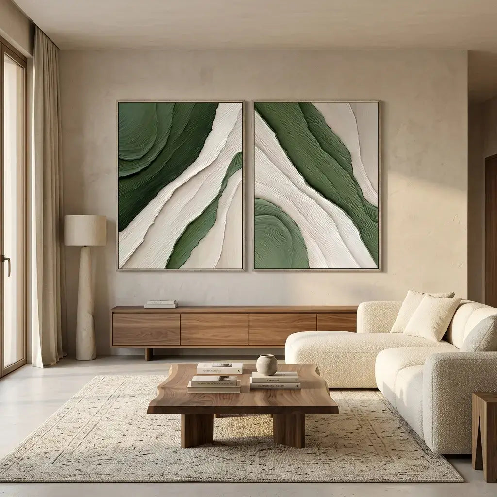 Modern living room with abstract green and beige wall art, white sofa, and wooden coffee table.