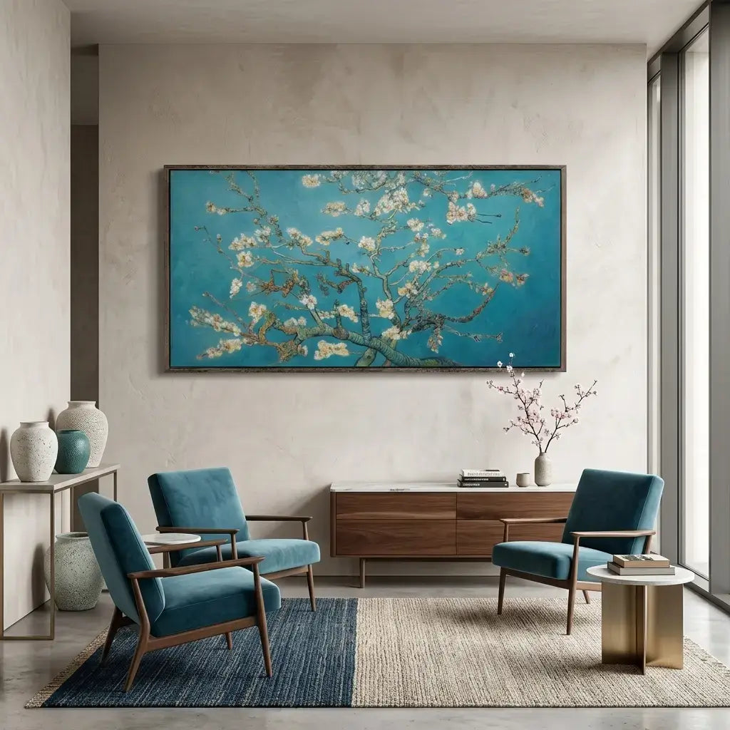 Modern living room with blue chairs, wooden sideboard, and Van Gogh painting.