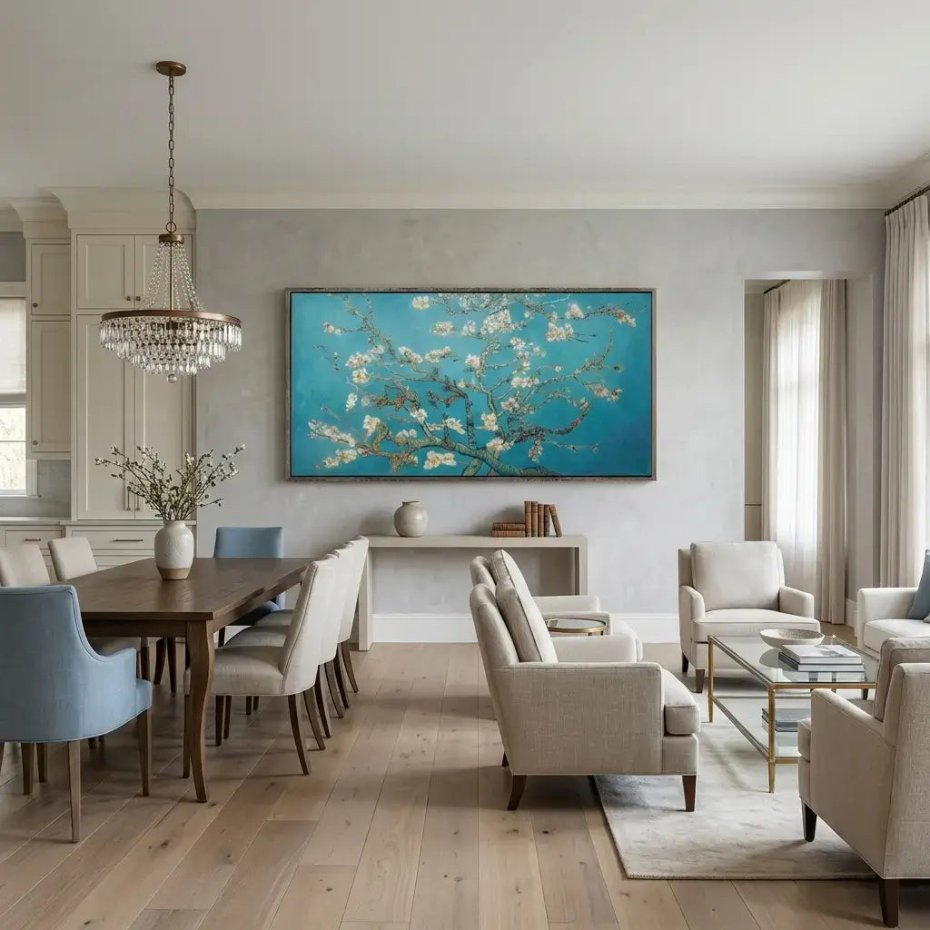 Modern living room with a dining table and chairs, sofa, and decorative painting on the wall.