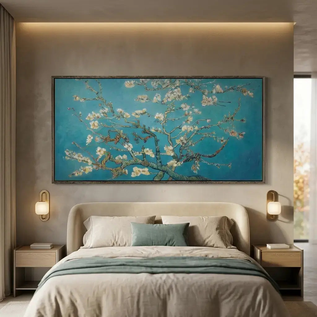 Modern bedroom with a large floral painting above a bed