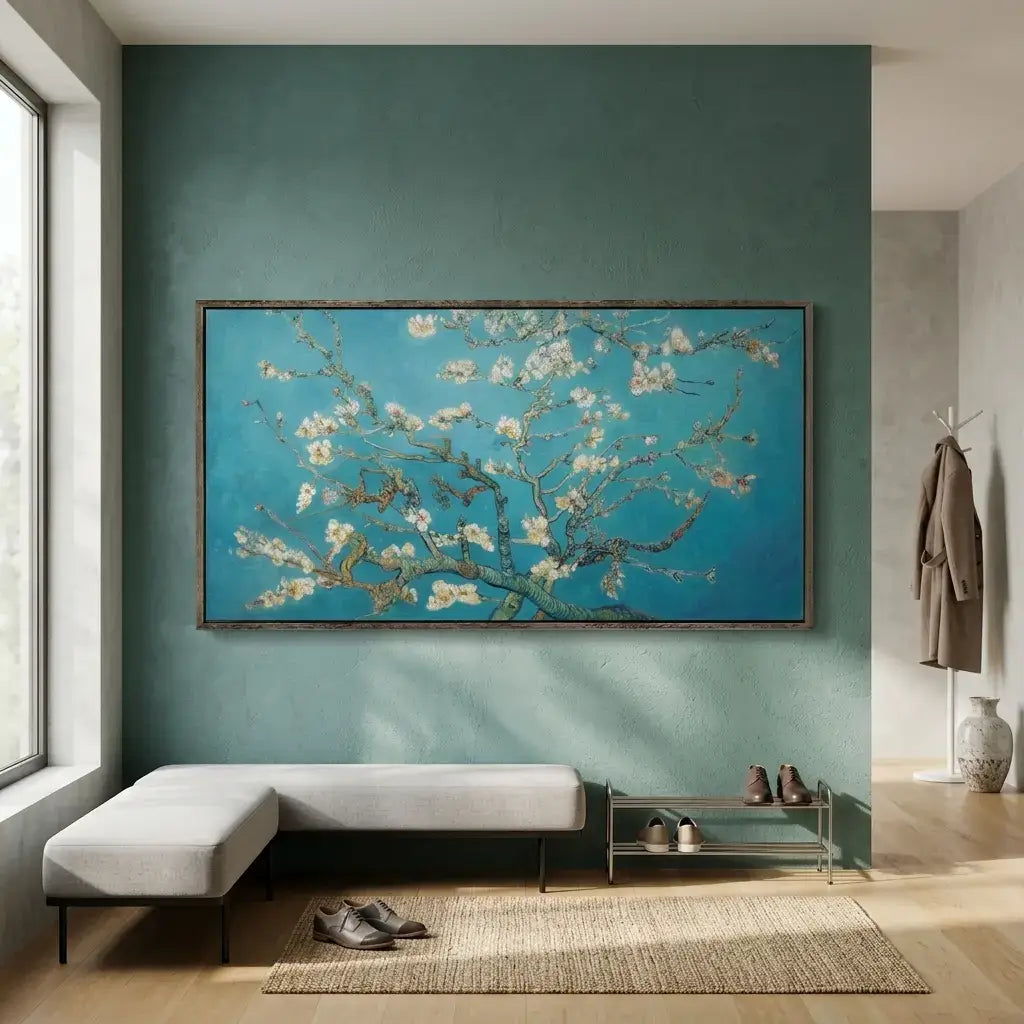 Living room with a large framed painting of a floral branch on a teal wall.