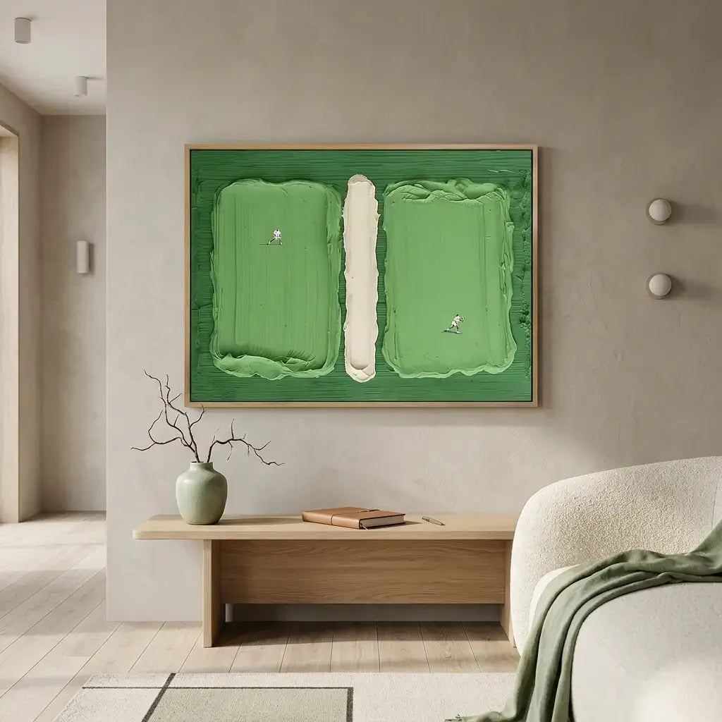 Framed artwork of a cricket pitch on a wall in a modern living room.