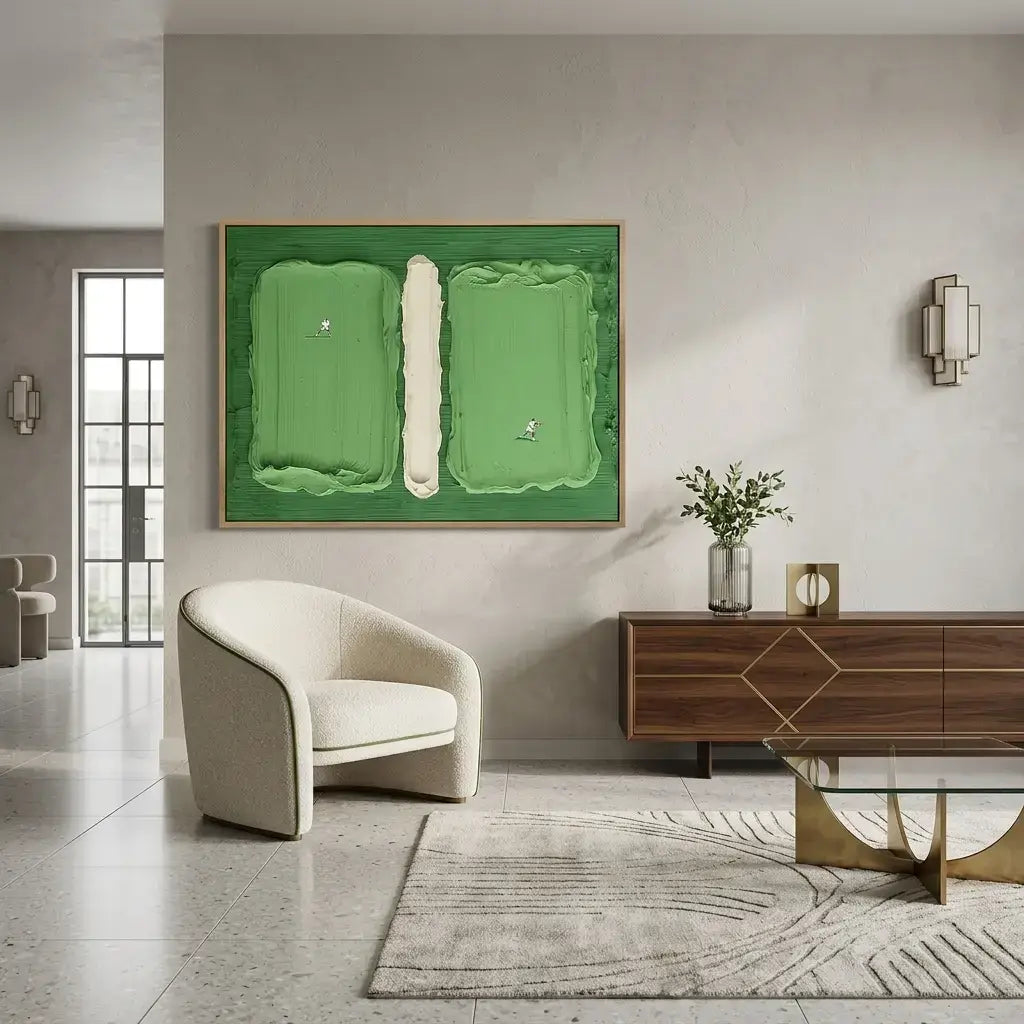 Modern living room with a large green abstract painting on the wall.