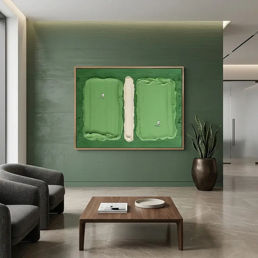Modern living room with a green wall featuring a framed artwork of a golf course.