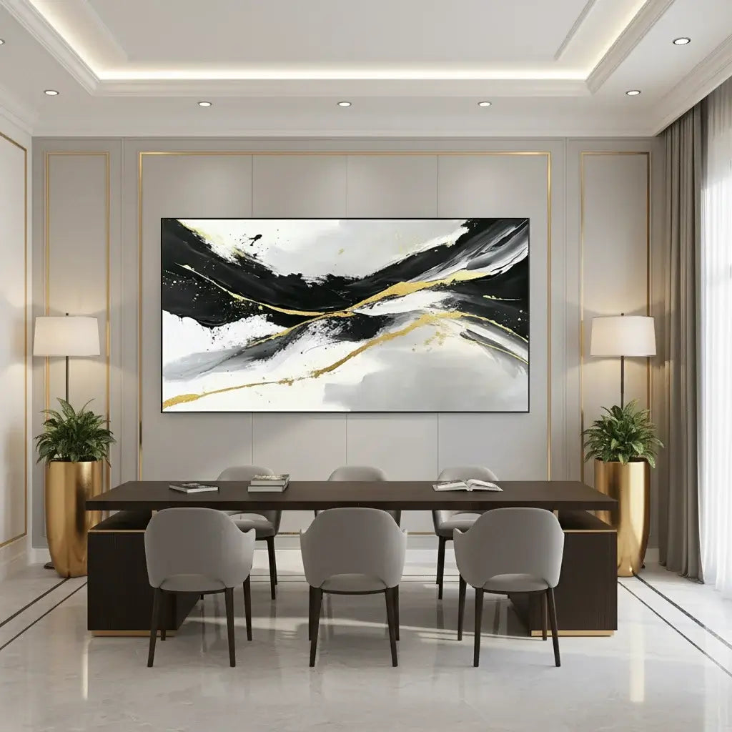 Modern living room with abstract art, gray sofa, and coffee table.