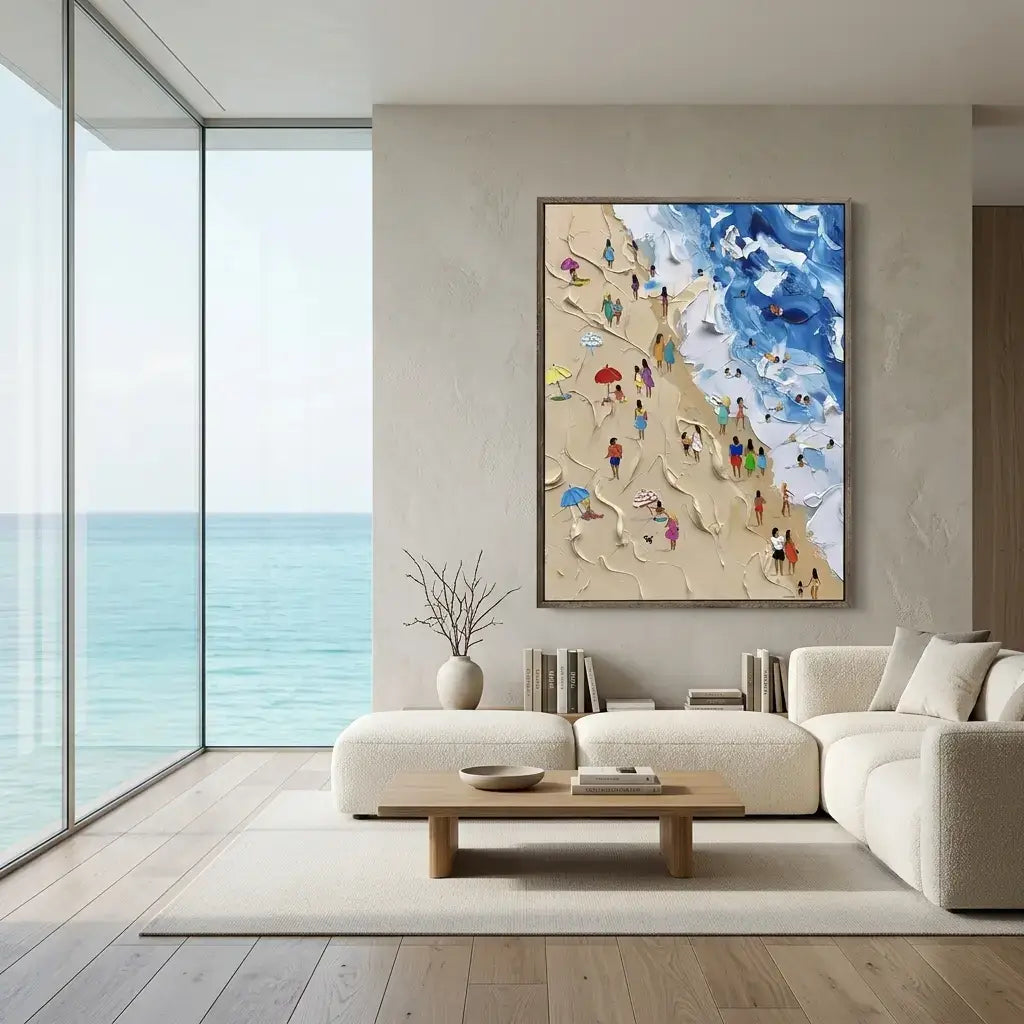 Modern living room with a beach scene painting on the wall