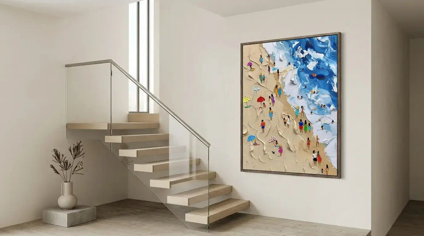 Modern interior with a staircase and a colorful abstract painting on the wall.