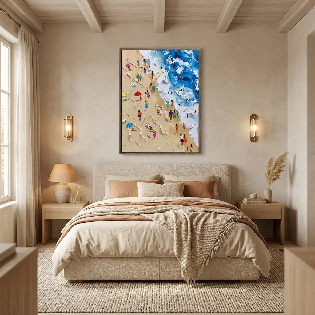 Neatly made bed in a bedroom with a colorful abstract painting on the wall.