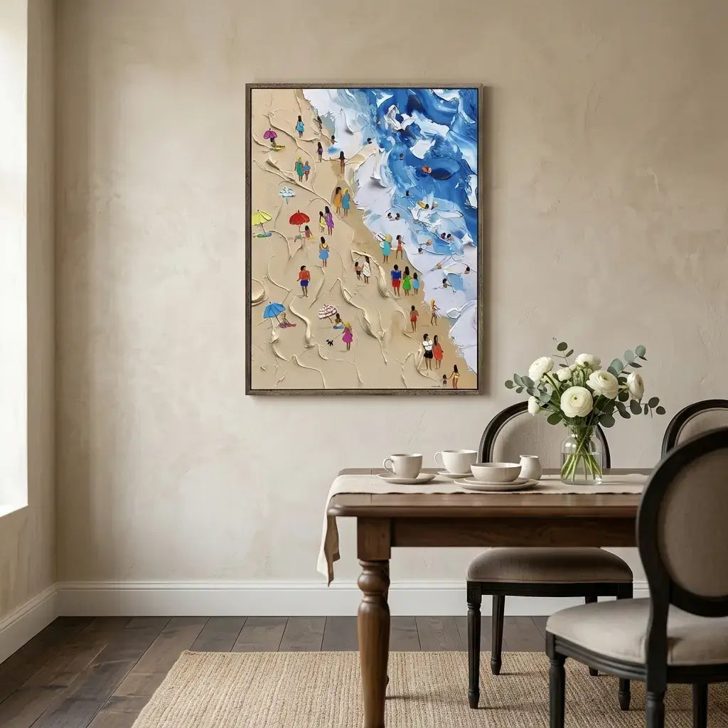 Dining room with a colorful abstract painting on the wall above a wooden table with a vase of flowers.