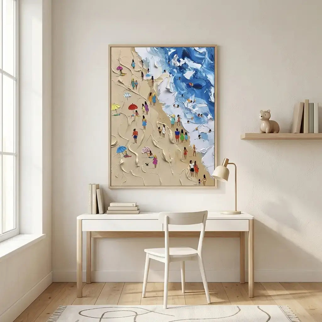 Modern interior with a desk, chair, and colorful abstract art on the wall.