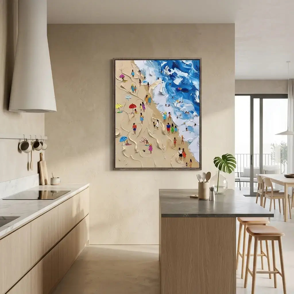 Modern kitchen with a beach scene painting on the wall
