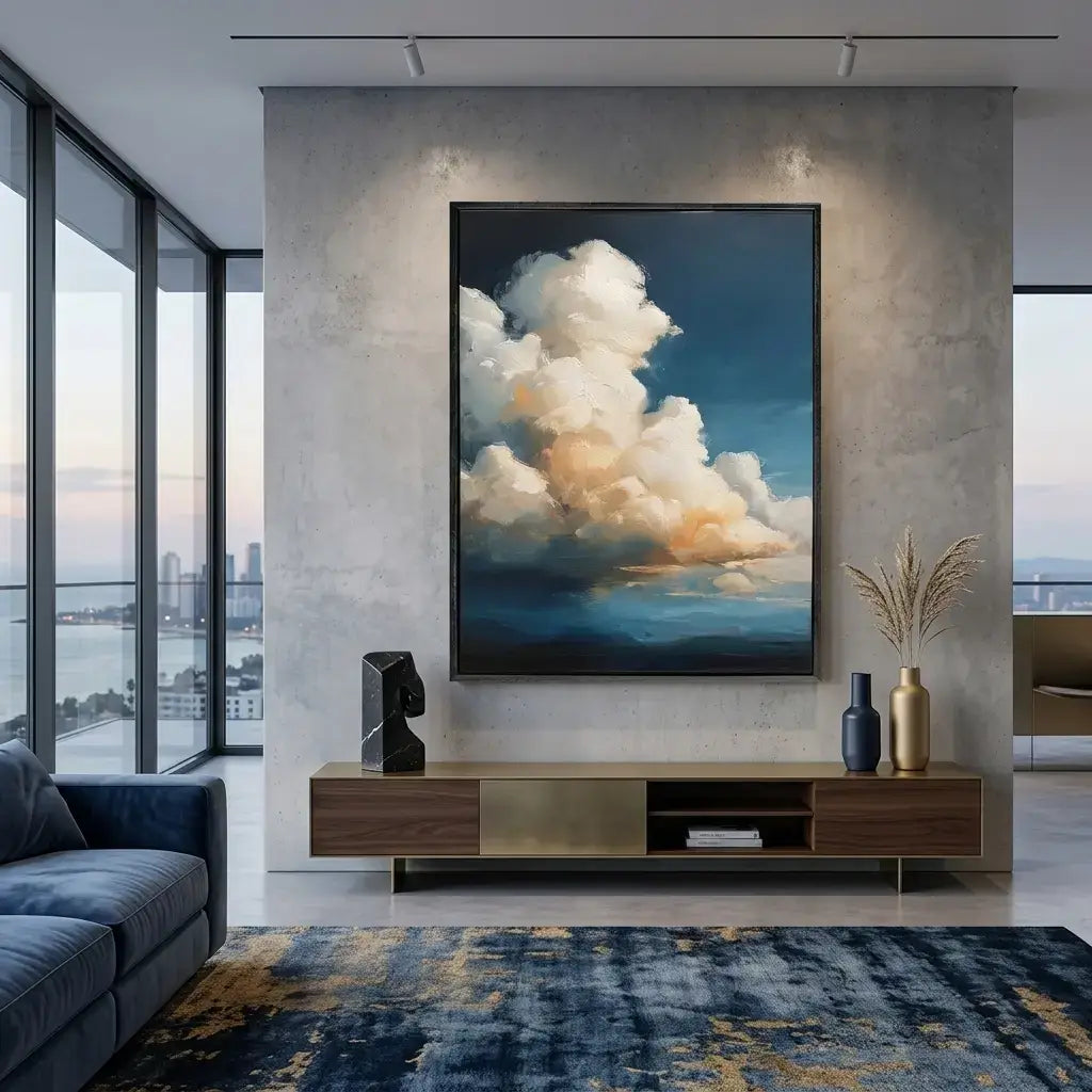 Modern living room with a large cloud painting on the wall