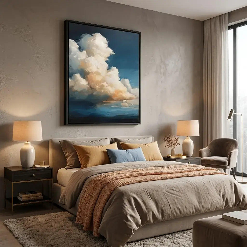 Modern bedroom with a large bed, lamps, and a cloud painting on the wall.