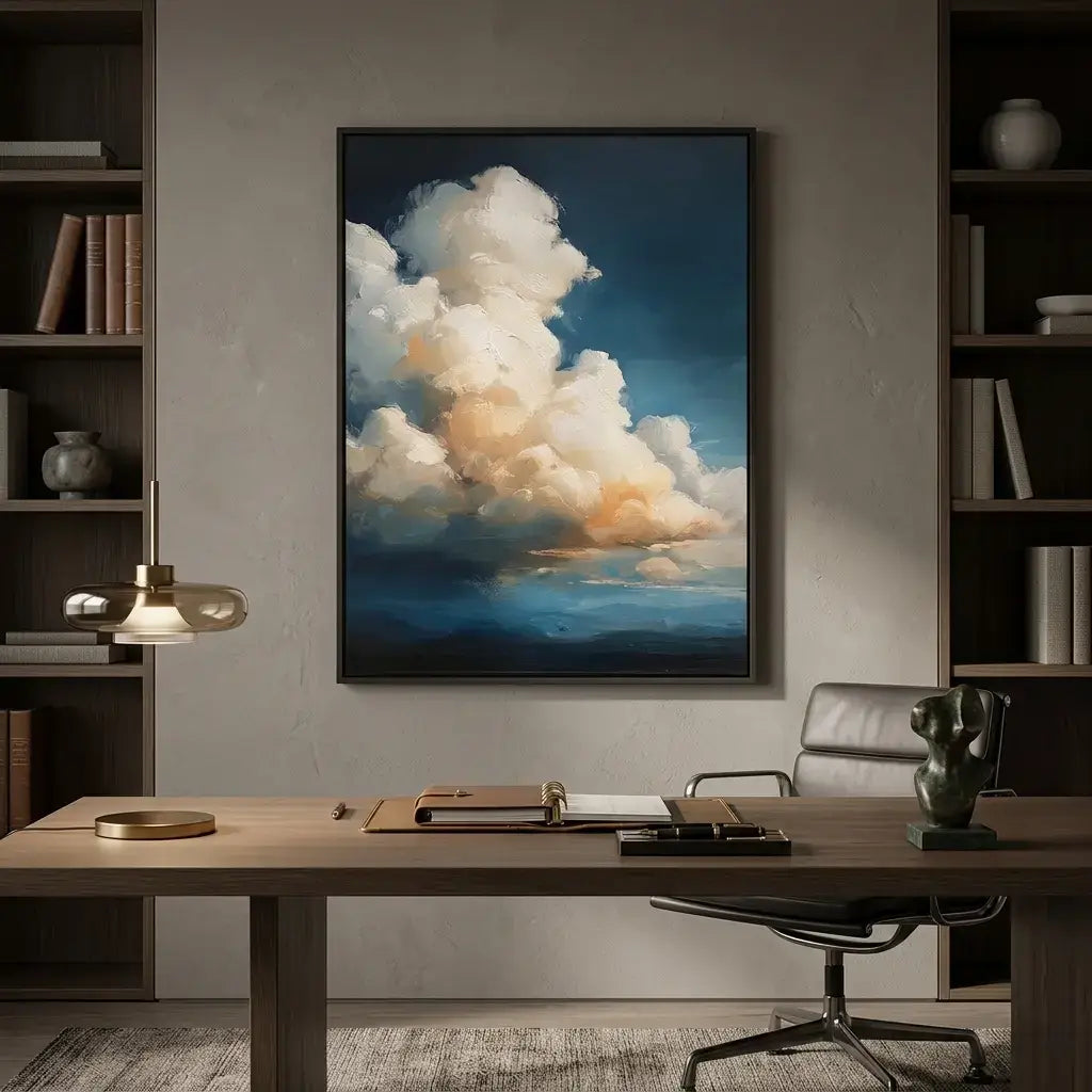 Modern office interior with a large cloud painting on the wall.