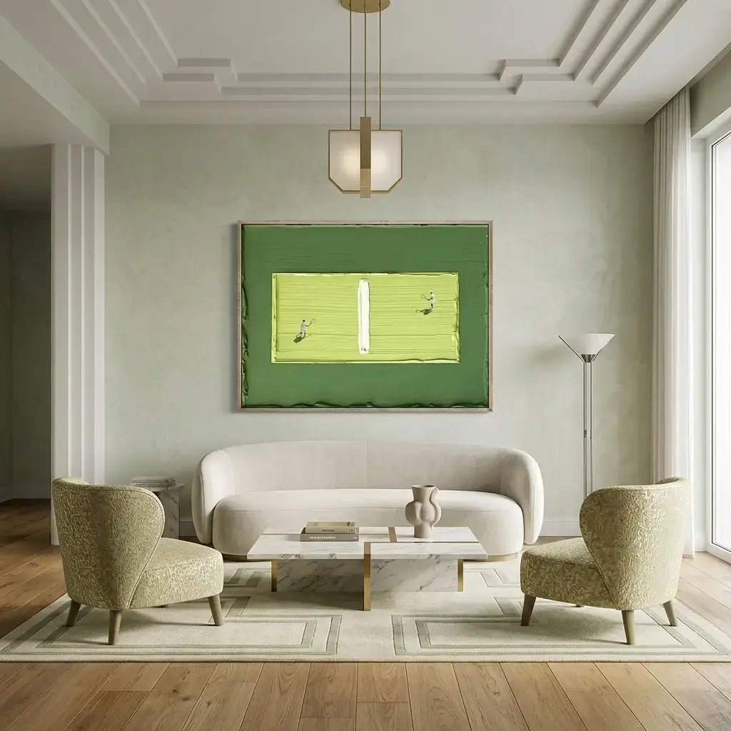 Modern living room with a white sofa, two armchairs, a coffee table, and a green abstract painting on the wall.