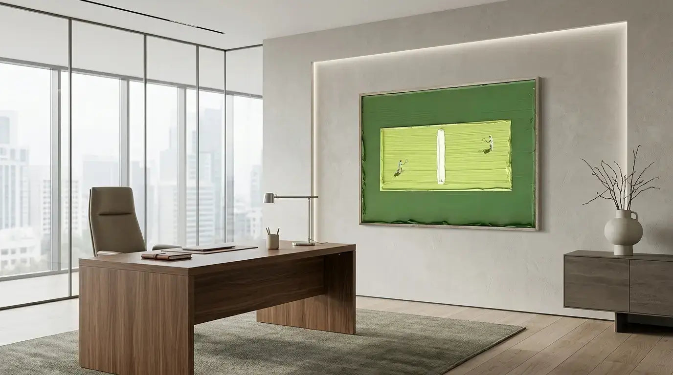 Modern office with a large desk, chair, and green wall art.