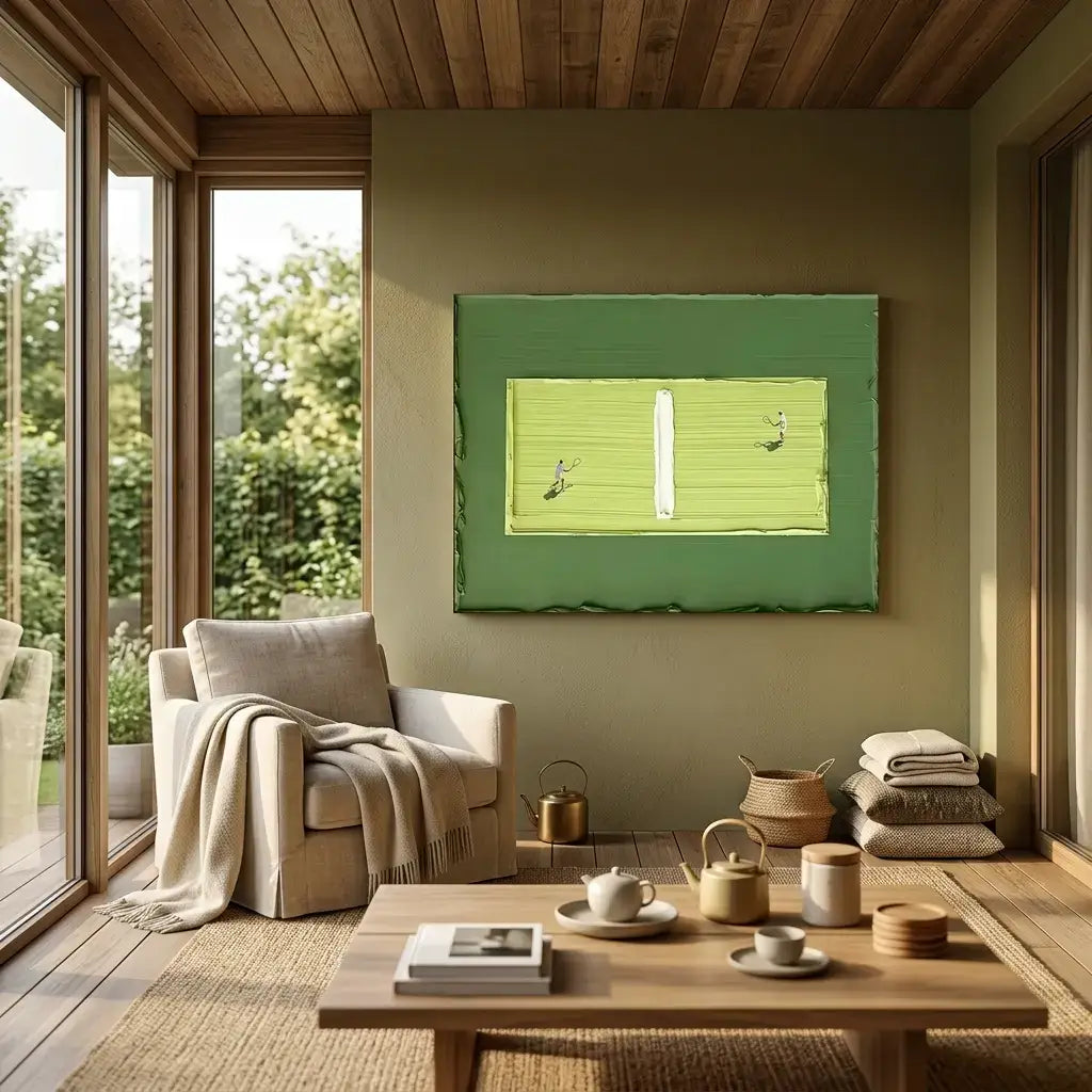 Living room with a green abstract painting on the wall, a beige armchair, and a wooden coffee table with tea set.