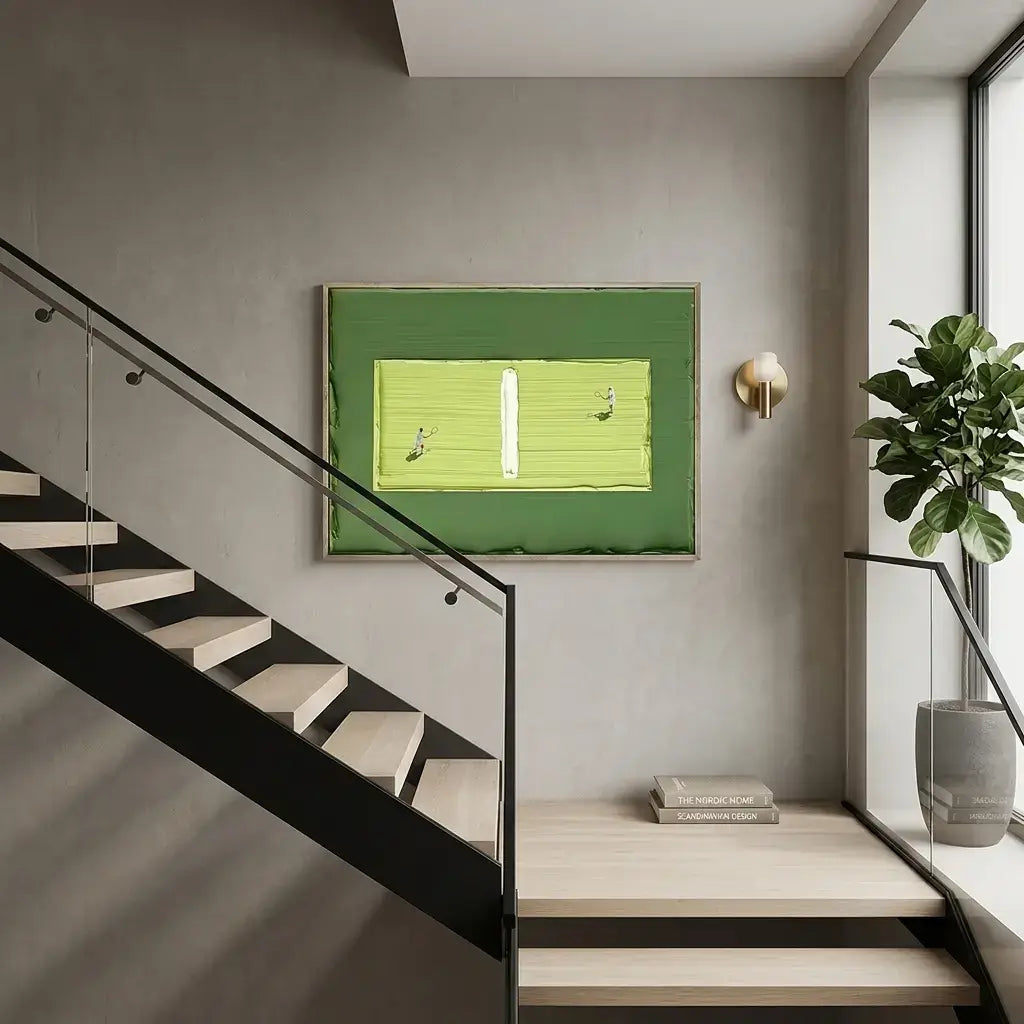 Staircase with a green abstract painting on the wall, modern decor.