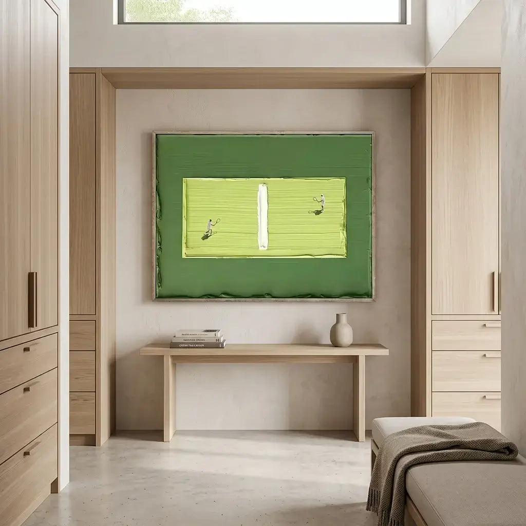 Modern interior with a green abstract painting on a wall, wooden furniture, and a small table.
