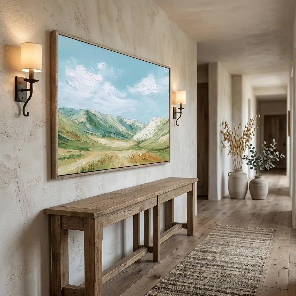 Framed landscape painting on a wall above a wooden bench in a room with decorative elements.