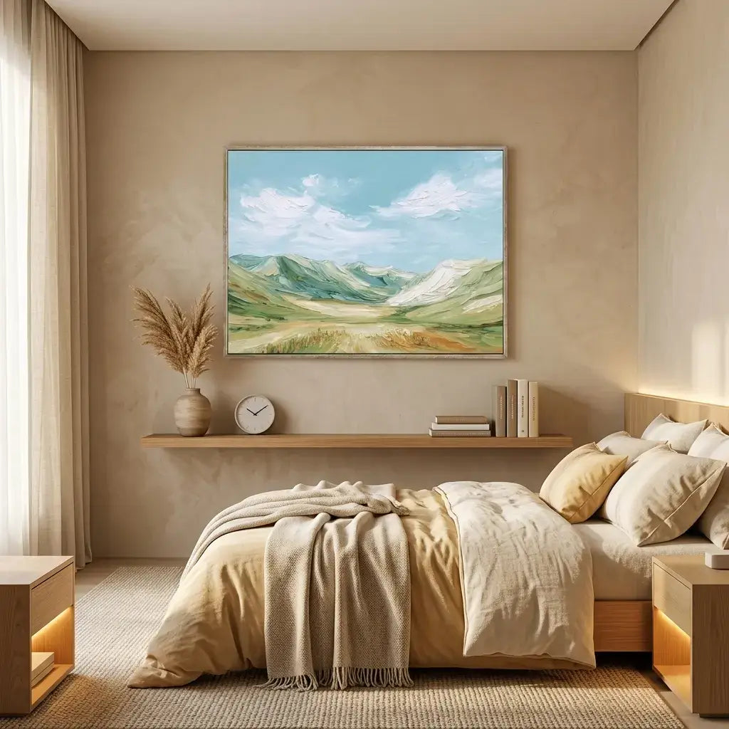 Modern bedroom with a landscape painting on the wall, bed with pillows and blanket, and wooden shelves.