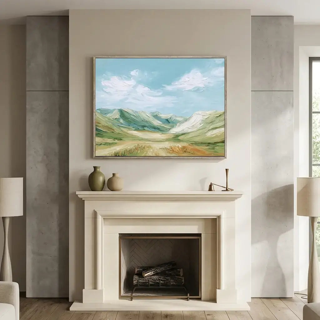 Framed landscape painting above a fireplace in a room with neutral decor.