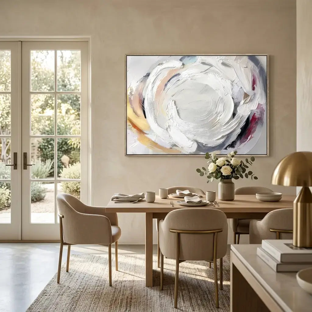 Dining room with a large abstract painting on the wall, table setting, and decor.