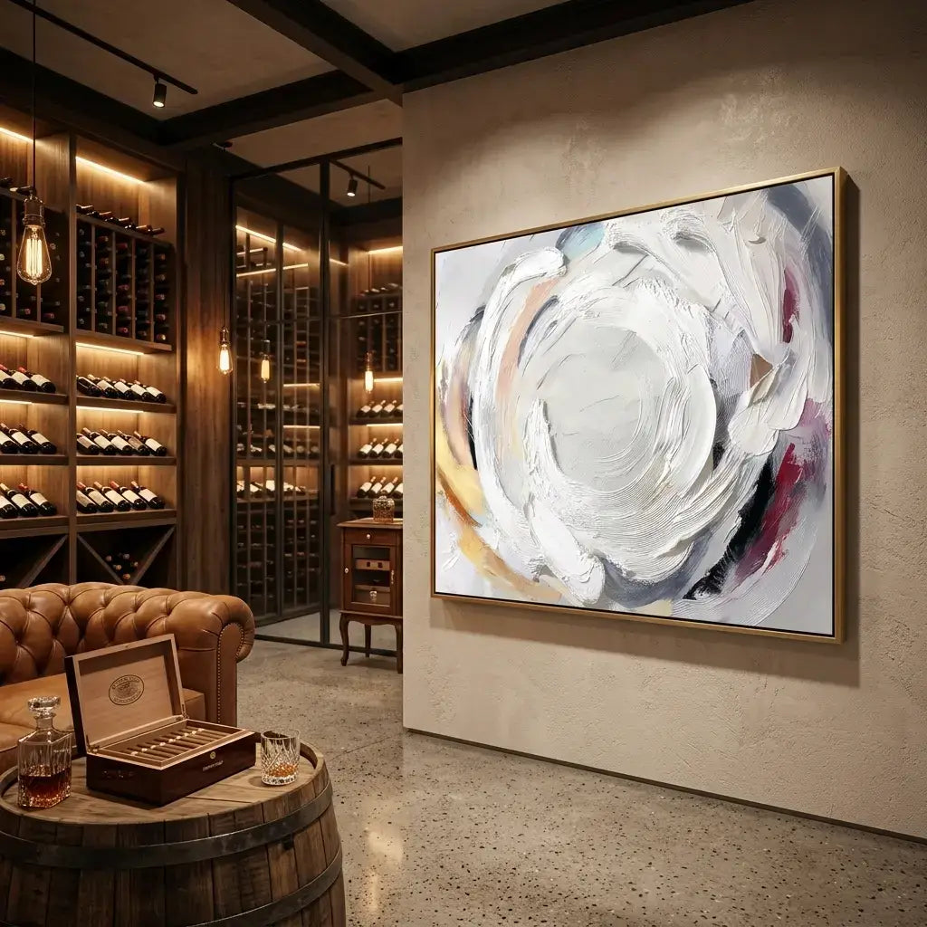 Wine cellar with abstract painting on the wall