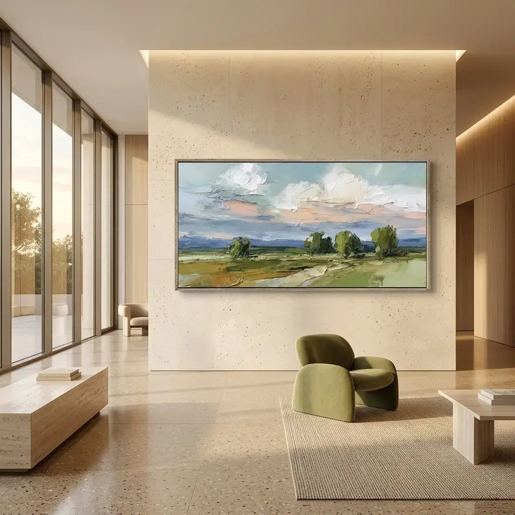Modern living room with a large painting of a landscape on the wall.