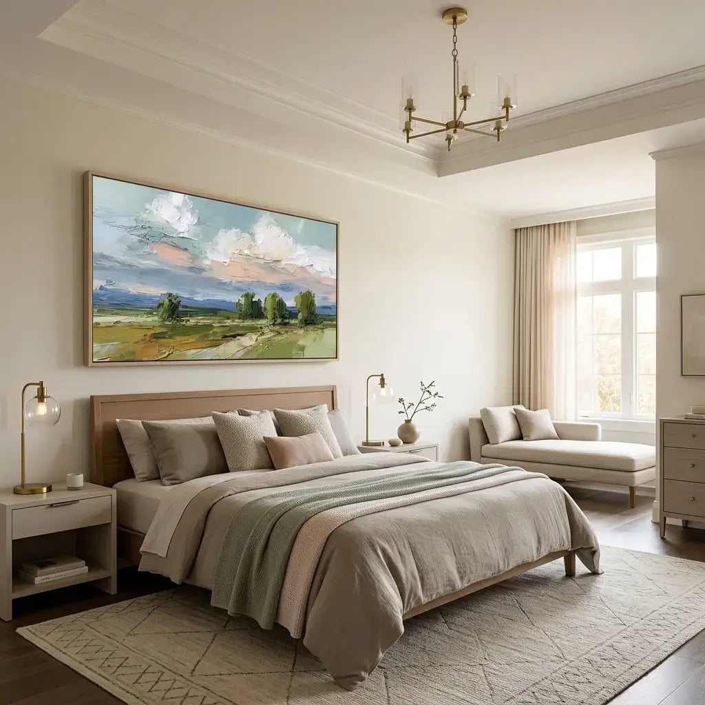 Modern bedroom with a large bed, artwork on the wall, and a chandelier.