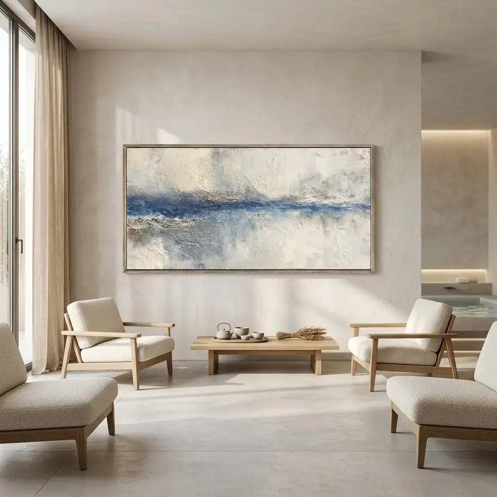 Modern living room with neutral tones, a large abstract painting, and minimal furniture.