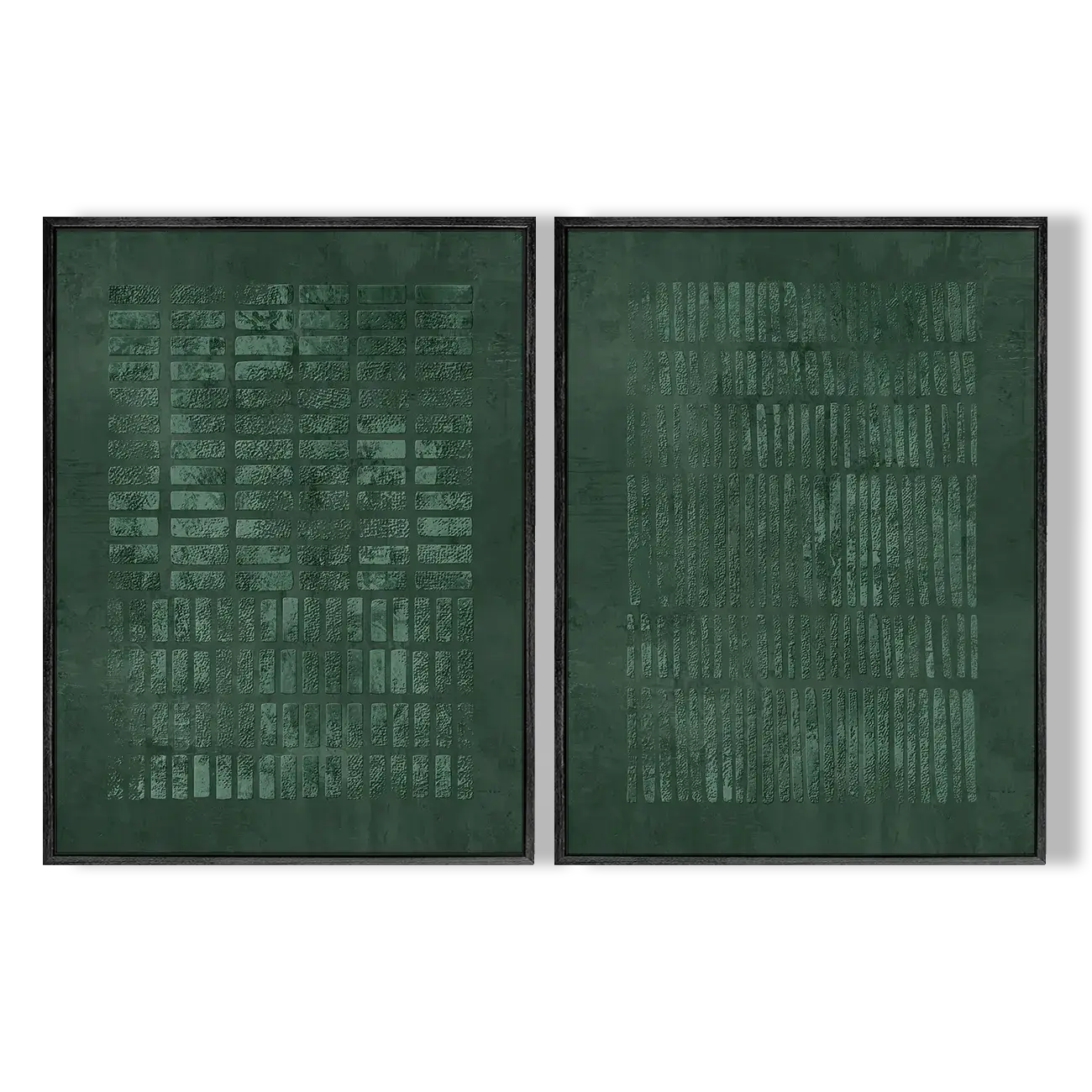 Two dark green framed artworks with text patterns on a white background