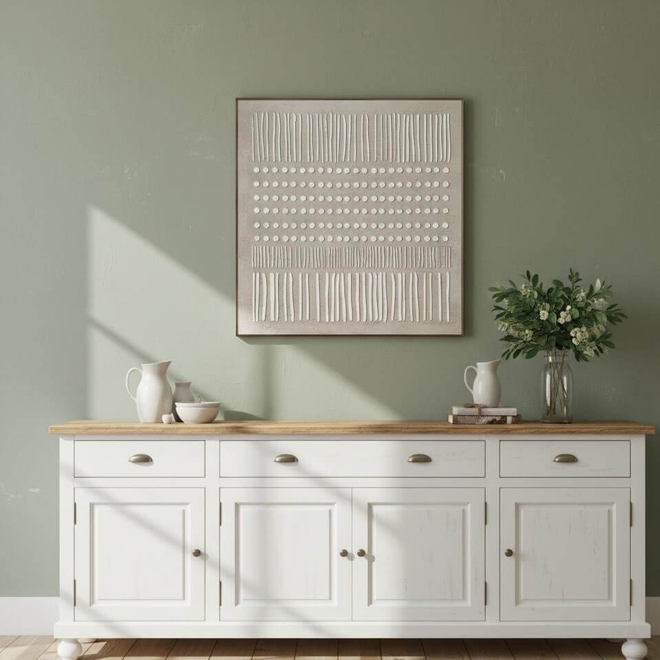 White sideboard with wooden top against a green wall with abstract art