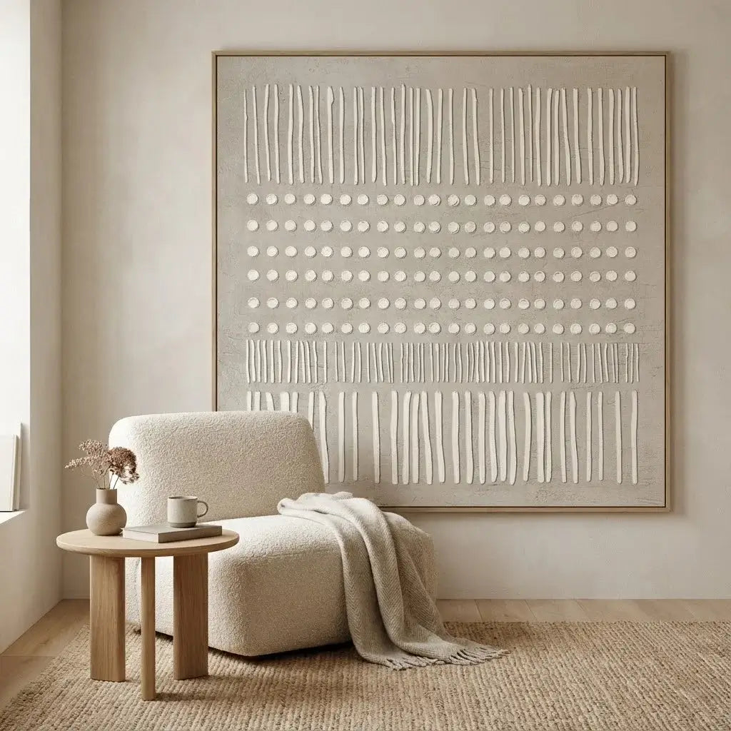 Beige armchair with a small wooden table and abstract wall art in a room.