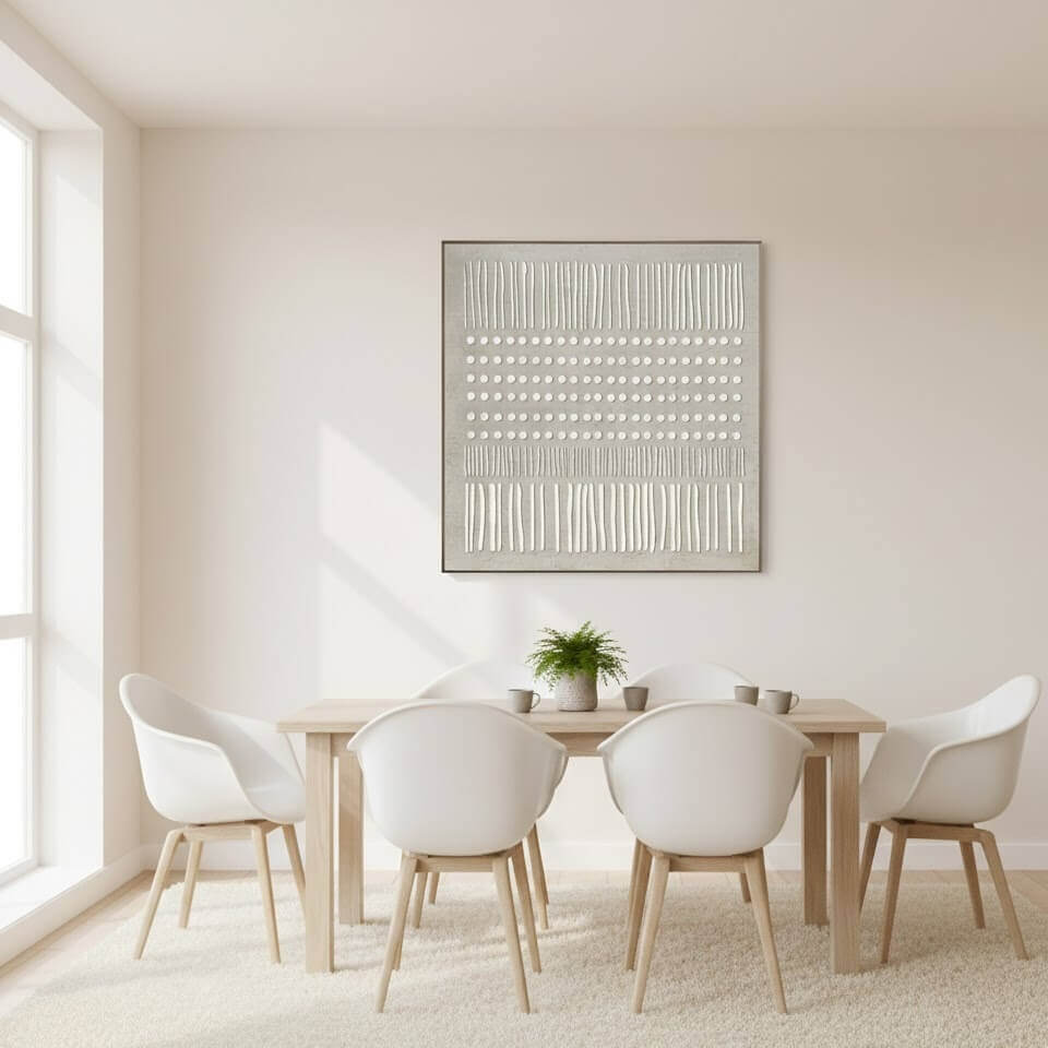 Modern dining room with white chairs and a wooden table, featuring a abstract art piece on the wall.