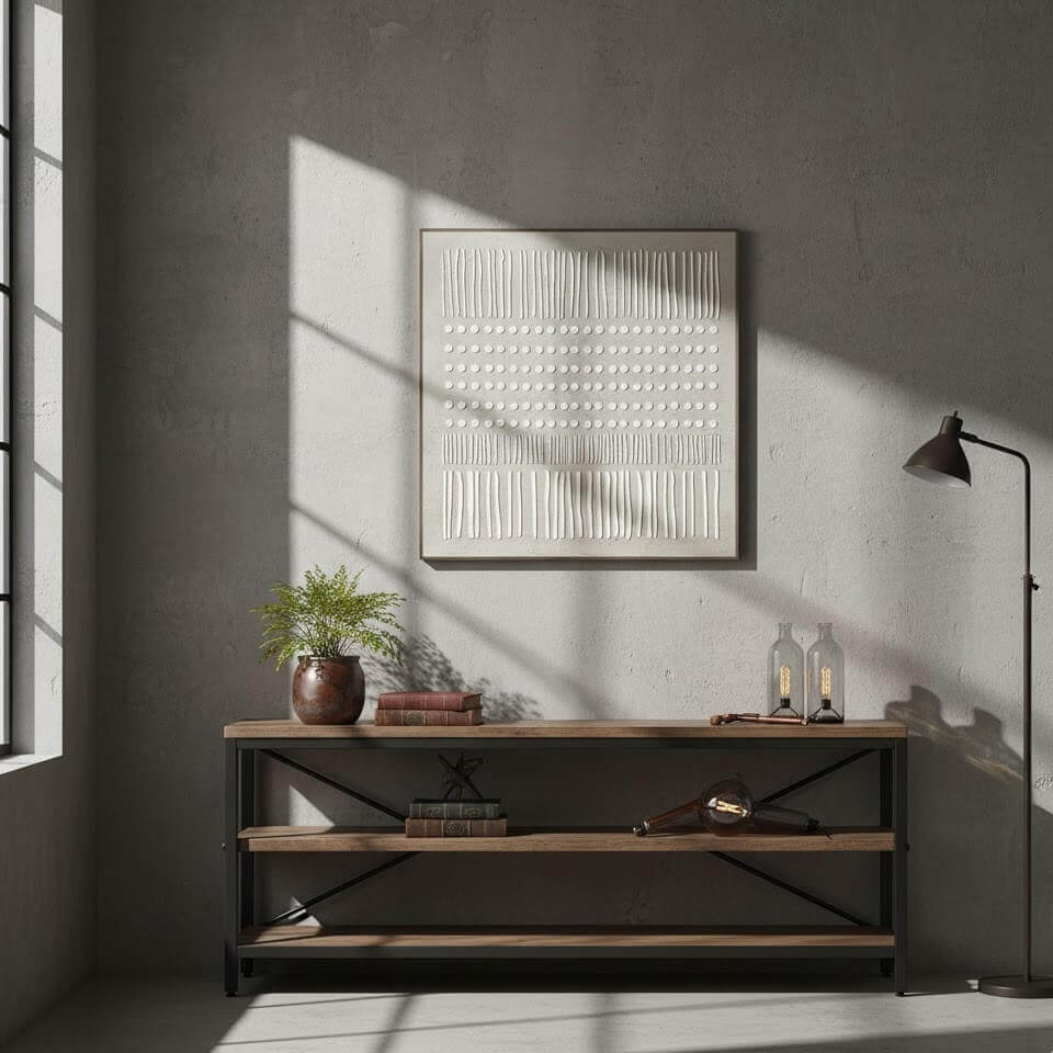 Modern interior with wooden shelf, framed artwork, and decorative items.