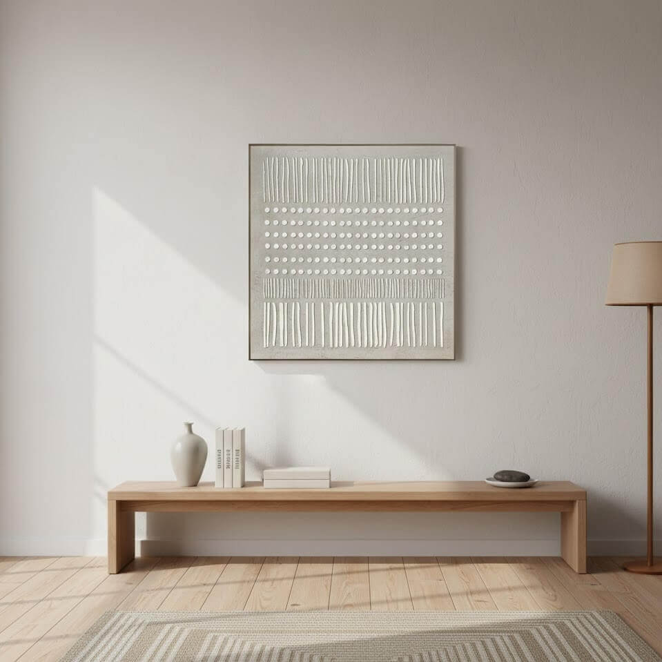 Modern interior with a wooden bench, abstract painting, and decorative items.