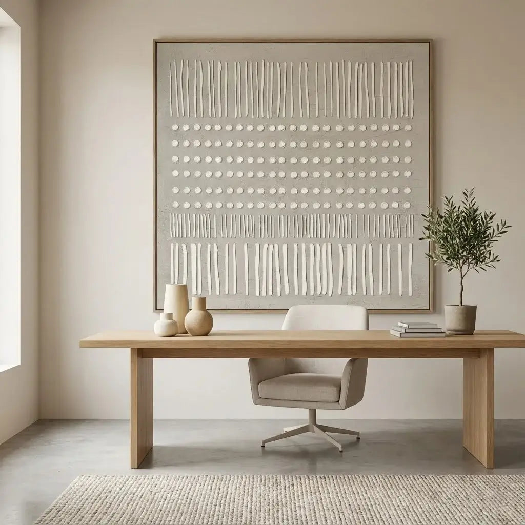 Modern office space with a large abstract painting on the wall, wooden desk, and chair.