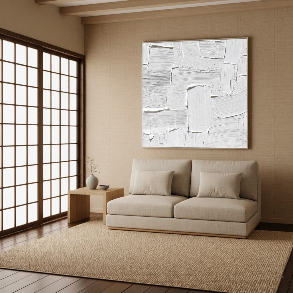 Beige sofa in a room with a large abstract painting on the wall.