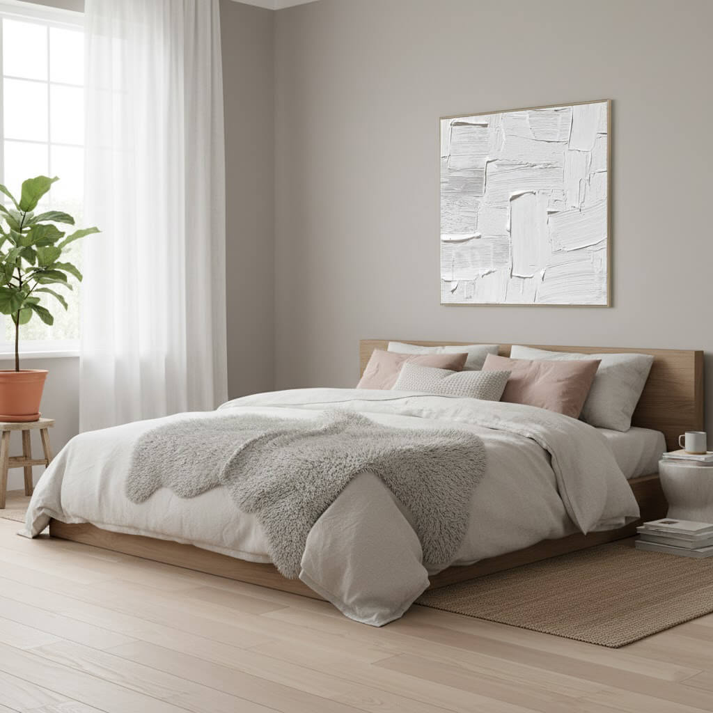 Neatly made bed in a bedroom with abstract art on the wall and a plant.