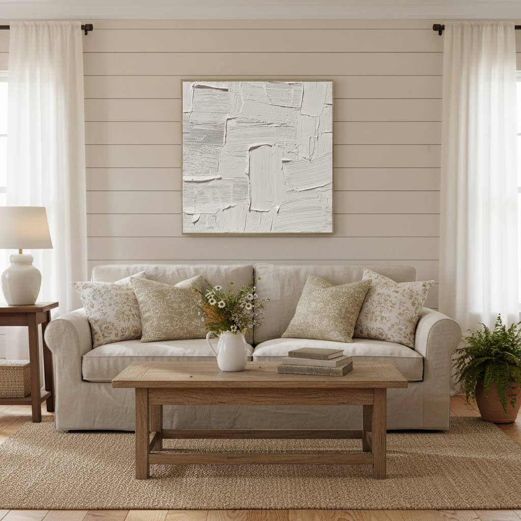 Living room with beige sofa, wooden coffee table, and abstract art on the wall.