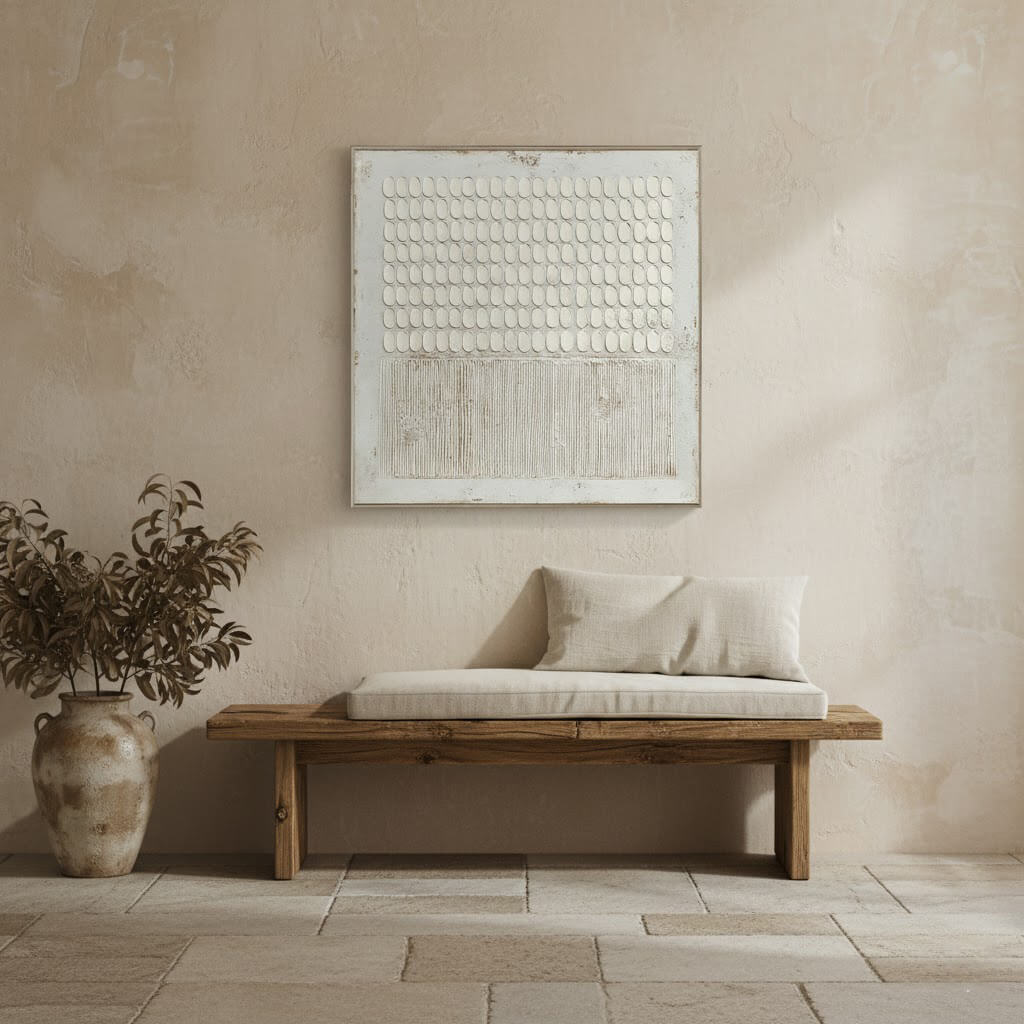 Wooden bench with cushions against a beige wall with a textured painting