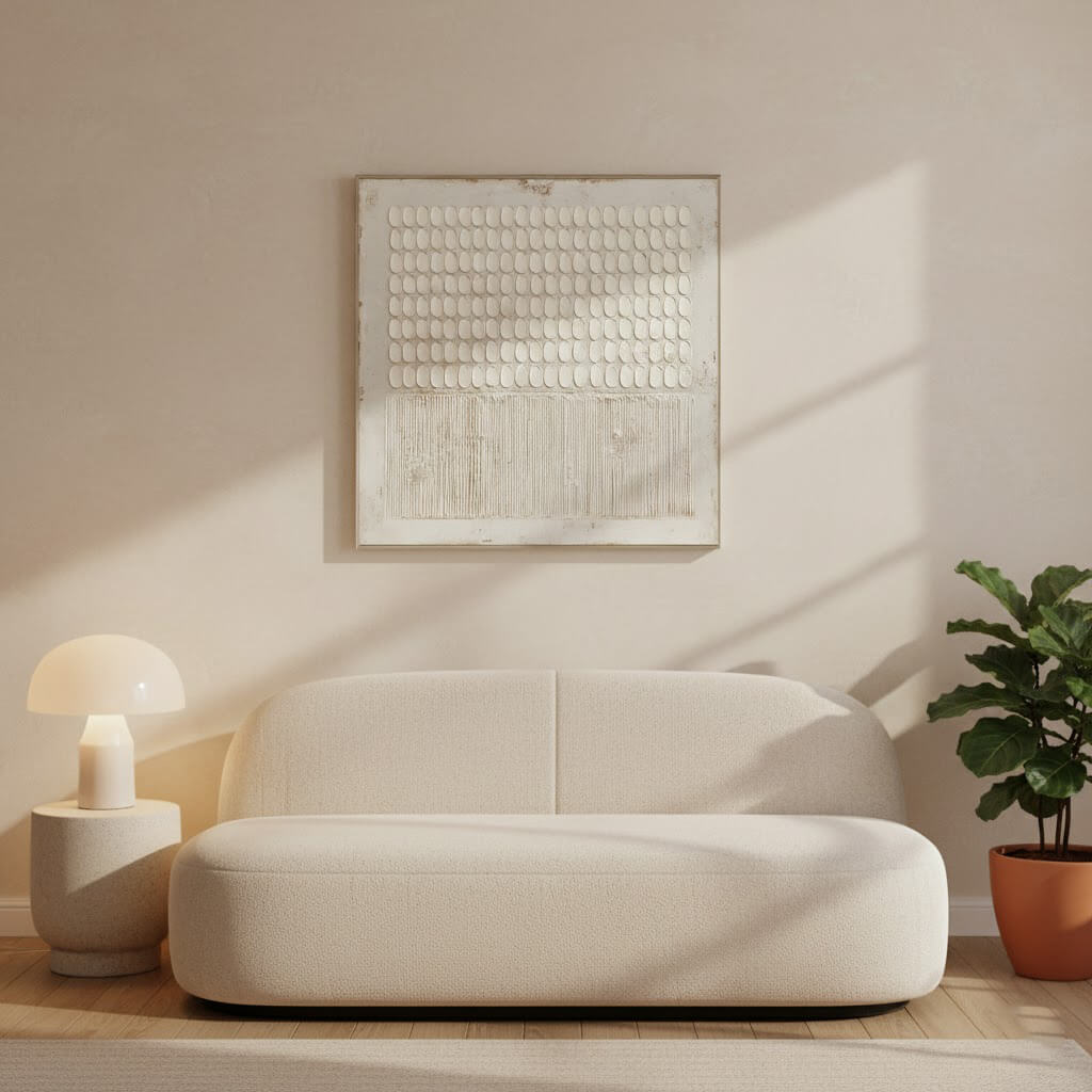 Modern living room with a white sofa, side table, and abstract painting on a beige wall.